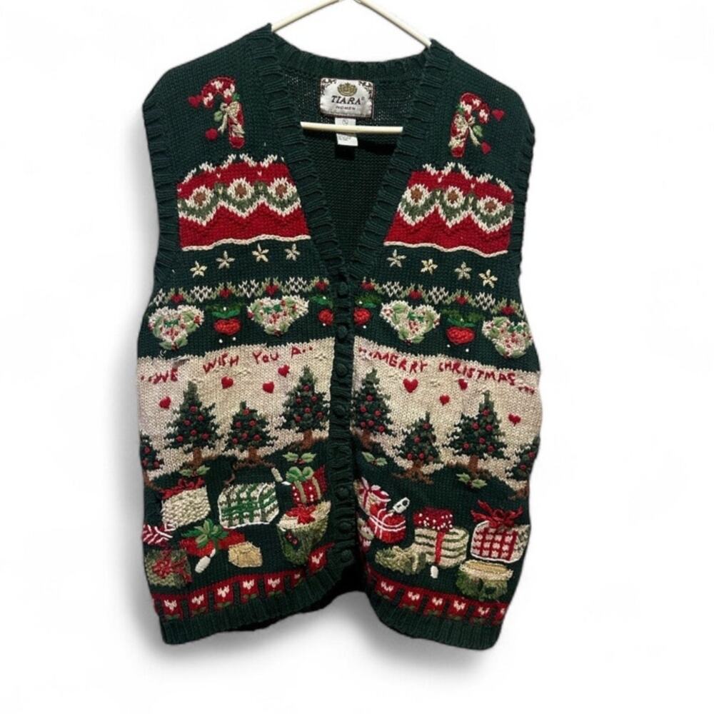 Vintage Tiara International Women's Christmas Cardigan Green Size XL Button Up - Picture 2 of 7